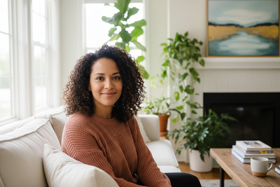 Mixed race female in her living room environment smiling for a picture